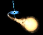 An artist's impression of a black hole with a closely orbiting companion star that exceeds its Roche limit. In falling matter forms an accretion disk, with some of the matter being ejected in highly energetic polar jets.